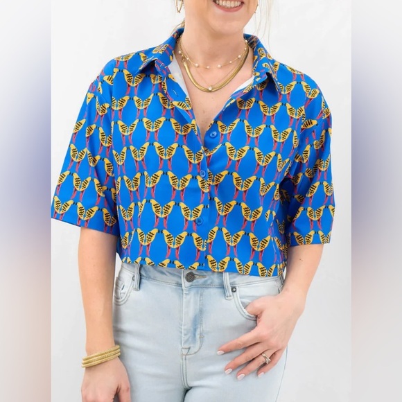Zara XL Parrot Print Cropped Shirt Silky Satin Blue Yellow Button-Up Box… - Picture 1 of 4